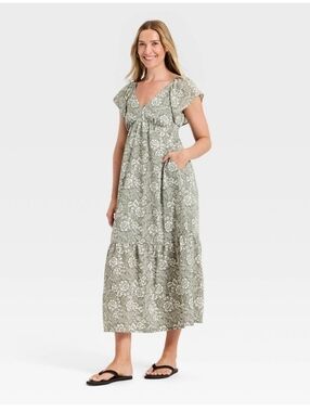 Women's Flutter Short Sleeve Floral Maxi A-Line Dress - Universal Thread Olive G